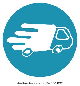 Fast delivery icon. A car traveling at high speed with a load drawn by hand. Vector illustration for design and web.