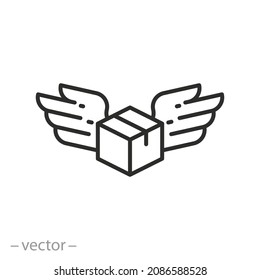 fast delivery icon, cargo box with wings, air parcel service, fly package, express order, thin line symbol - editable stroke vector illustration