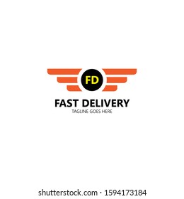 Fast delivery icon logo, express delivery, quick move isolated on white background. Vector illustration with wings, black circle  and letter fd uppercase
