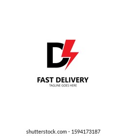 Fast delivery icon logo, express delivery, quick move isolated on white background. Vector illustration with letter d uppercase and flash sign