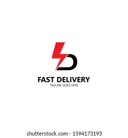Fast delivery icon logo, express delivery, quick move isolated on white background. Vector illustration with letter d uppercase and flash sign