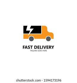Fast delivery icon logo, express delivery, quick move isolated on white background. Vector illustration with truck and flash sign