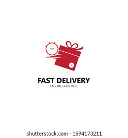 Fast delivery icon logo, express delivery, quick move isolated on white background. Vector illustration with clock and gift box