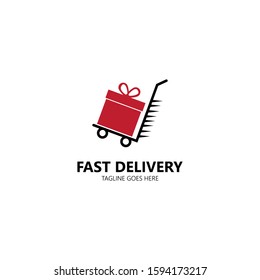 Fast delivery icon logo, express delivery, quick move isolated on white background. Vector illustration with cart and gift box