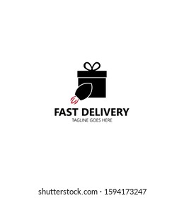Fast delivery icon logo, express delivery, quick move isolated on white background. Vector illustration with gift box and rocket
