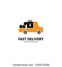 Fast delivery icon logo, express delivery, quick move isolated on white background. Vector illustration with truck and gift box