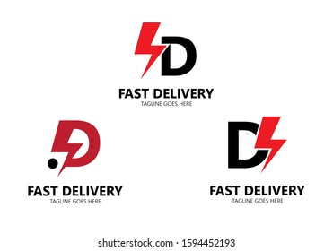 Fast delivery icon logo, express delivery, quick move isolated on white background. Vector illustration with letter d uppercase and flash sign