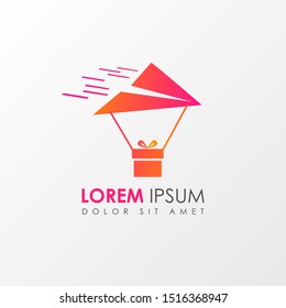 Fast delivery icon logo template design with a paper air plane and package. Vector illustration.