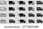 Fast delivery icon set. Free shipping, express delivery, 24 hours, fast van. Truck symbol on white background - stock vector.