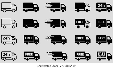 Fast delivery icon set. Free shipping, express delivery, 24 hours, fast van. Truck symbol on white background - stock vector.