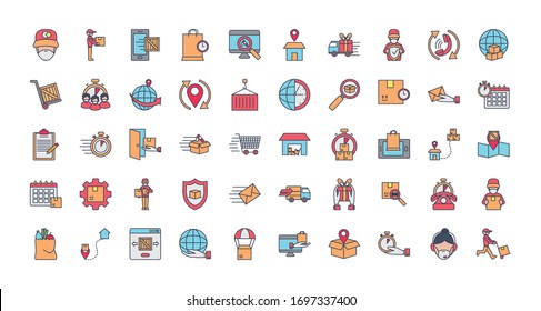 fast delivery icon set over white background, line and fill style, vector illustration