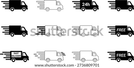 Fast delivery icon set. Rapid delivery icon set. Gratis shipping, express dispatch, 24h service, swift van. Truck pictogram on white background stock vector.