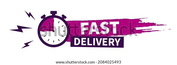 Fast delivery icon.\
Timer and fast delivery inscription on light background. Fast\
delivery, express and urgent shipping, services, chronometer sign.\
vector illustration
