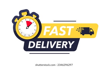 Fast delivery icon. Fast truck with stopwatch. Fast, express and urgent delivery, services, chronometer sign. On time delivery concept, truck and clock, order delivery on time.