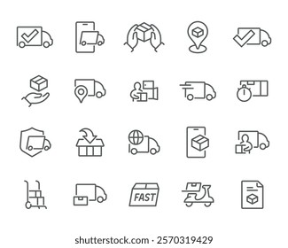 Fast Delivery Icons. A simple and editable vector icon set- delivery trucks, boxes, location pins, secure packages, and fast shipping symbols. Ideal for logistics and ecommerce.