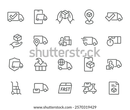 Fast Delivery Icons. A simple and editable vector icon set- delivery trucks, boxes, location pins, secure packages, and fast shipping symbols. Ideal for logistics and ecommerce.