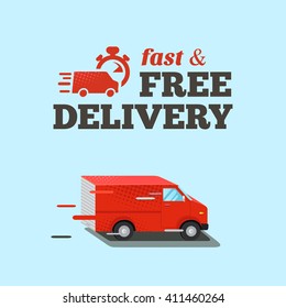 Ilustración de entrega rápida, con camioneta roja isométrica. Ilustración del vector