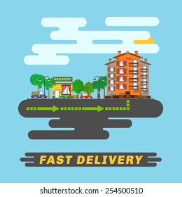 Fast delivery infographics, flat style, atmosphere image.