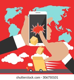 Fast delivery internet shopping concept. Man holding a smartphone and delivery orders online. Flat icon modern design style concept. Fast delivery car 