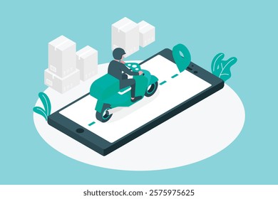 Fast Delivery Isometric illustration depicting a delivery driver on a scooter, symbolizing fast shipping, online delivery, and on-demand services.