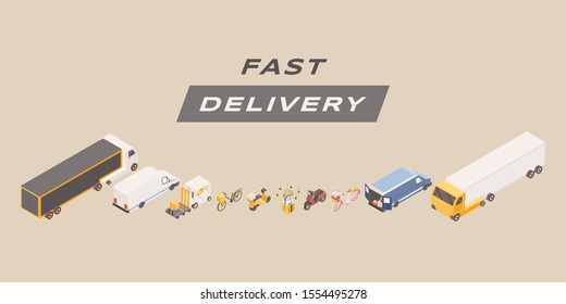 Fast delivery isometric vector banner template. Various cargo vehicles, vans, scooters illustrations. Logistic company express shipment advert, transportation service promotional poster design