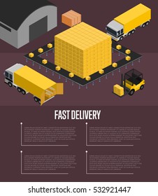 Fast delivery isometric vector illustration. Commercial truck, forklift with boxes, cargo storage terminal. Warehouse logistics, local delivery service and distribution business, freight shipping