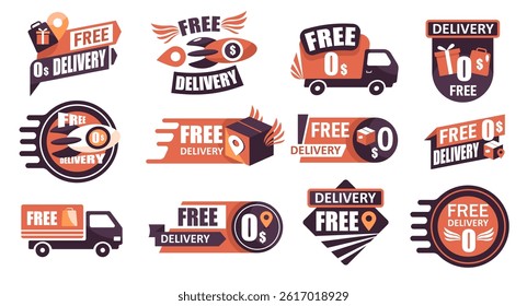 Fast delivery label. Quick delivery badge with truck, rocket, box and clock icons, fast delivery service labels. Vector express shipping banners set.
