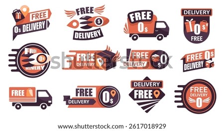 Fast delivery label. Quick delivery badge with truck, rocket, box and clock icons, fast delivery service labels. Vector express shipping banners set.