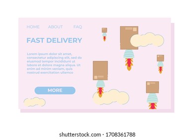 Fast Delivery Landing Page. Boxes Flying up with Rockets Having Nozzles with Fire from Below Flat Cartoon Vector Illustration. Flash Shipment Service. Parcels Going Autonomously Website.