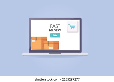 Fast delivery, laptop and boxes, 3d vector illustration. webshop concept.