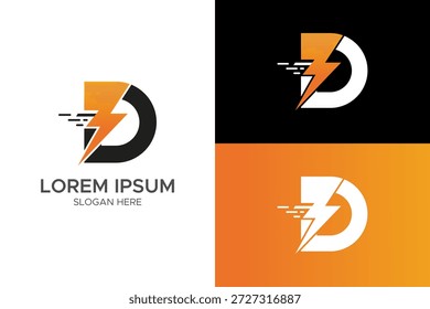 Diseño del logotipo de la letra D de la entrega rápida, D inicial con el perno del relámpago y las líneas del movimiento de la velocidad para la logística expresa y los servicios del poder