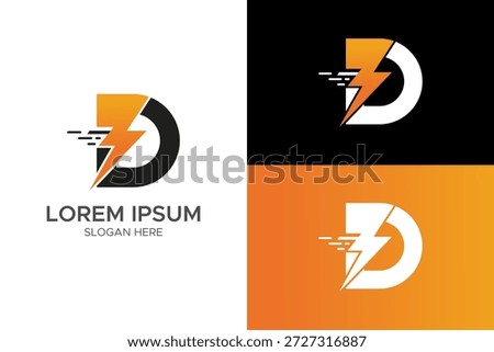 Fast Delivery Letter D Logo Design, Initial D with Lightning Bolt and Speed Motion Lines for Express Logistics and Power Services