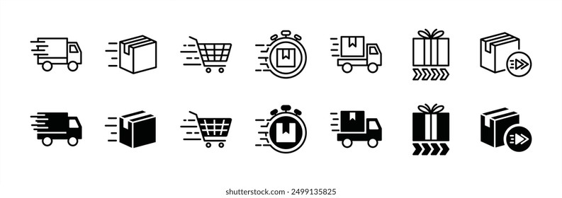 Fast delivery line and flat icon set. Express, speed or quick shipping. Containing package, parcel, cargo, truck, shopping cart, time, moving. Vector illustration