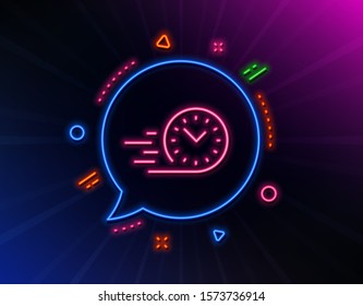 Fast delivery line icon. Neon laser lights. Time sign. Glow laser speech bubble. Neon lights chat bubble. Banner badge with fast delivery icon. Vector