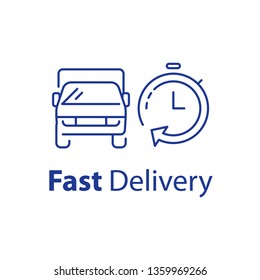 Fast delivery line icon, transportation vehicle front view and stopwatch with arrow, rental truck services, vector linear illustration