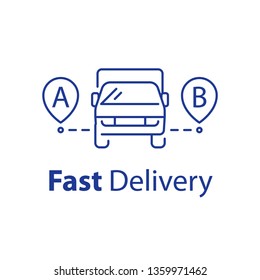 Fast delivery line icon, transportation vehicle front view, easy relocation arrangement, rental truck, convenient services, vector linear illustration