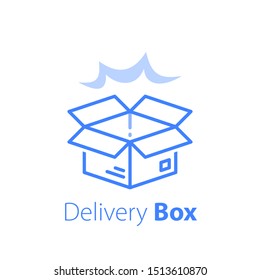 Fast delivery, linear design, open box, shipping order, distribution services, pick up point, receive postal mail, collect parcel, vector line icon