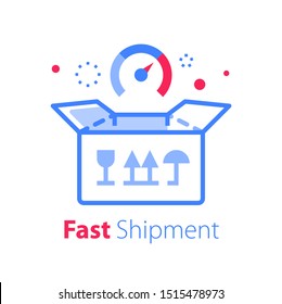 Fast delivery, linear design, open box, shipping order, distribution services, pick up point, receive postal mail, collect parcel, vector line icon