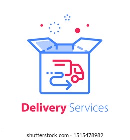 Fast delivery, linear design, open box and truck sign, shipping order, distribution services, pick up point, receive postal mail, collect parcel, vector line icon