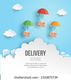 Fast delivery and logistic service concept illustration, package boxes are flying on parachutes, paper art style, vector template.
