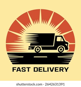 Fast delivery logo depicting a silhouette of a truck speeding along a highway at sunset. Vector illustration.