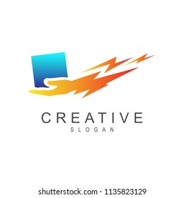 Fast Delivery Logo Design, Box With Hand Thunder Logo