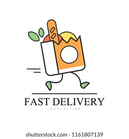 Fast delivery logo design, food service delivery, creative template with oaper bag of groceries for corporate identity, restaurant, cafe, shop, vector Illustratio