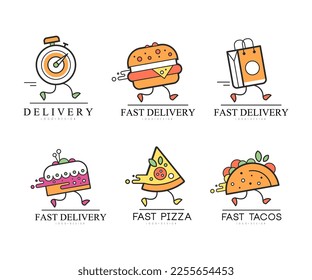 Fast Delivery Logo Design with Running Food with Legs Vector Set