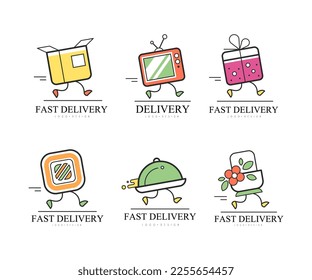 Fast Delivery Logo Design with Running Objects and Food with Legs Vector Set
