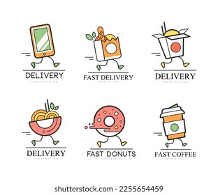 Fast Delivery Logo Design with Running Food with Legs Vector Set