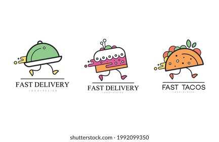 Fast Delivery Logo Design Set, Food Service, Cafe, Restaurant, Catering Business Labels, Badges Cartoon Vector Illustration