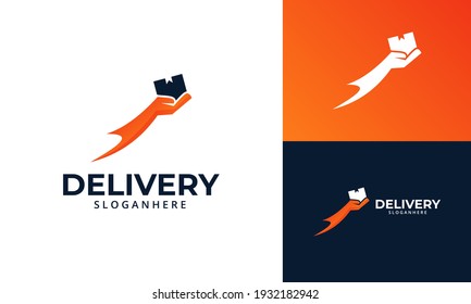 Fast Delivery Logo designs Template. Illustration vector graphic of thunder with hand hold box logo design concept. Perfect for Delivery service, Delivery express logo design.