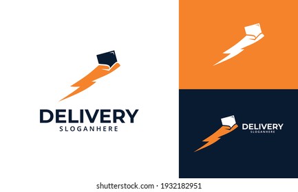 Plantilla de diseños de logotipos de entrega rápida. Ilustración vectorial gráfico del trueno con el concepto de diseño del logo de la caja de retención manual. Perfecto para el servicio de entrega, diseño de logotipo de entrega exprés.