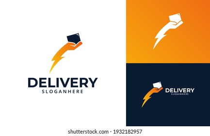 Fast Delivery Logo designs Template. Illustration vector graphic of thunder with hand hold box logo design concept. Perfect for Delivery service, Delivery express logo design.